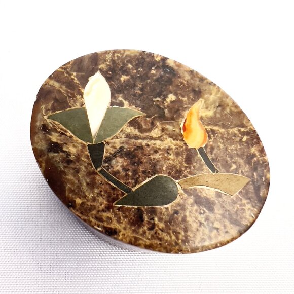 Soapstone Handcrafted Vintage Trinket Boxes Oval & Round Set Floral Inlay India - Picture 12 of 12